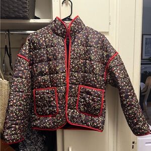 Cherry Puffer Jacket with Red Trim